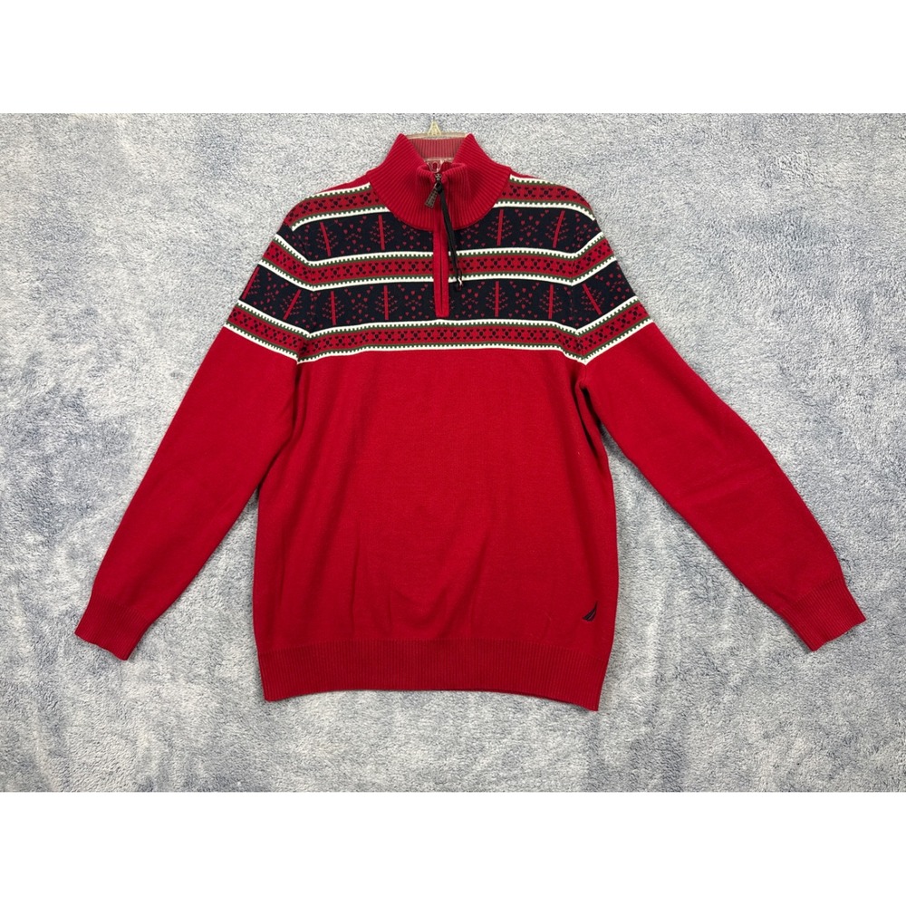Nautica Mens M Red Quarter Zip Fair Isle Cotton Pullover Sweater